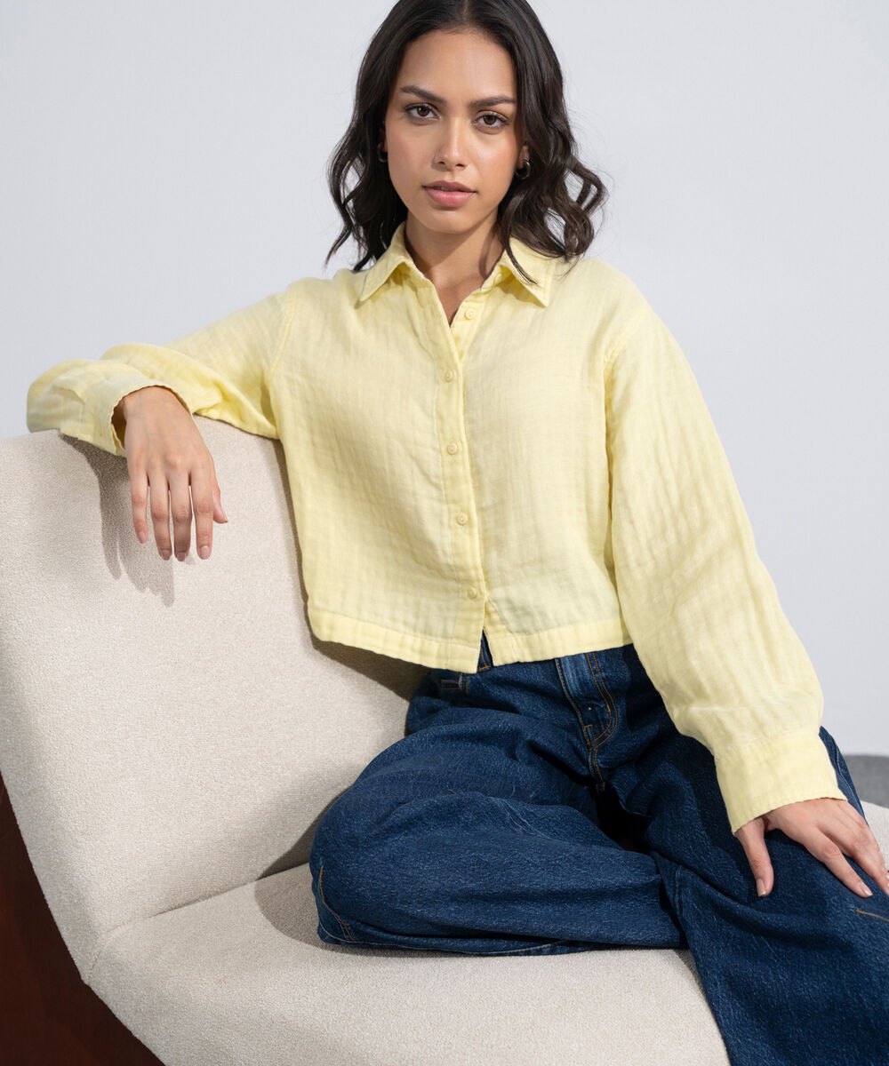 Women's Western Butter yellow Short Body Cotton Muslin Shirt