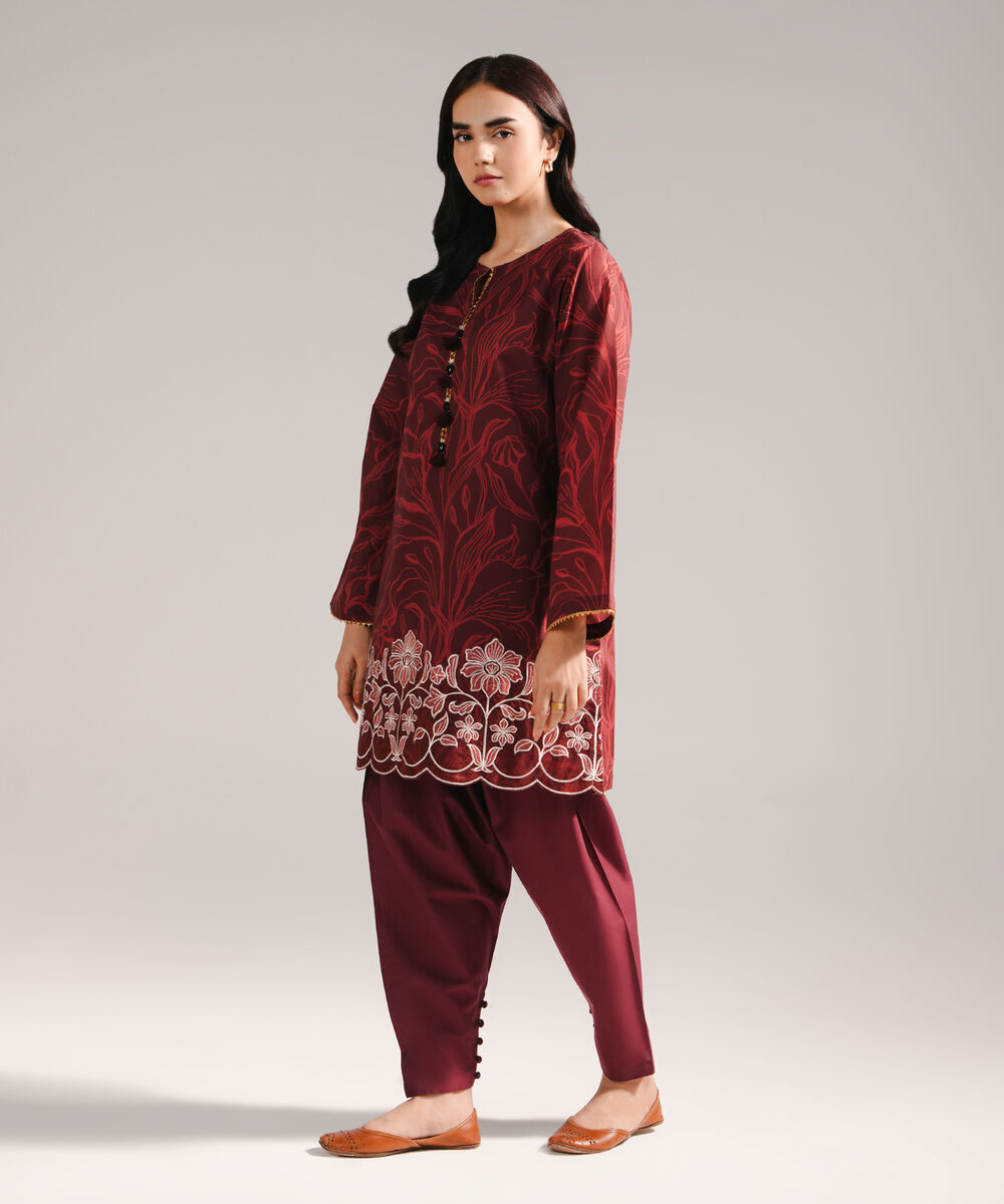 Women's RTW Slub Lawn Embroidered Deep Maroon 2 Piece Suit