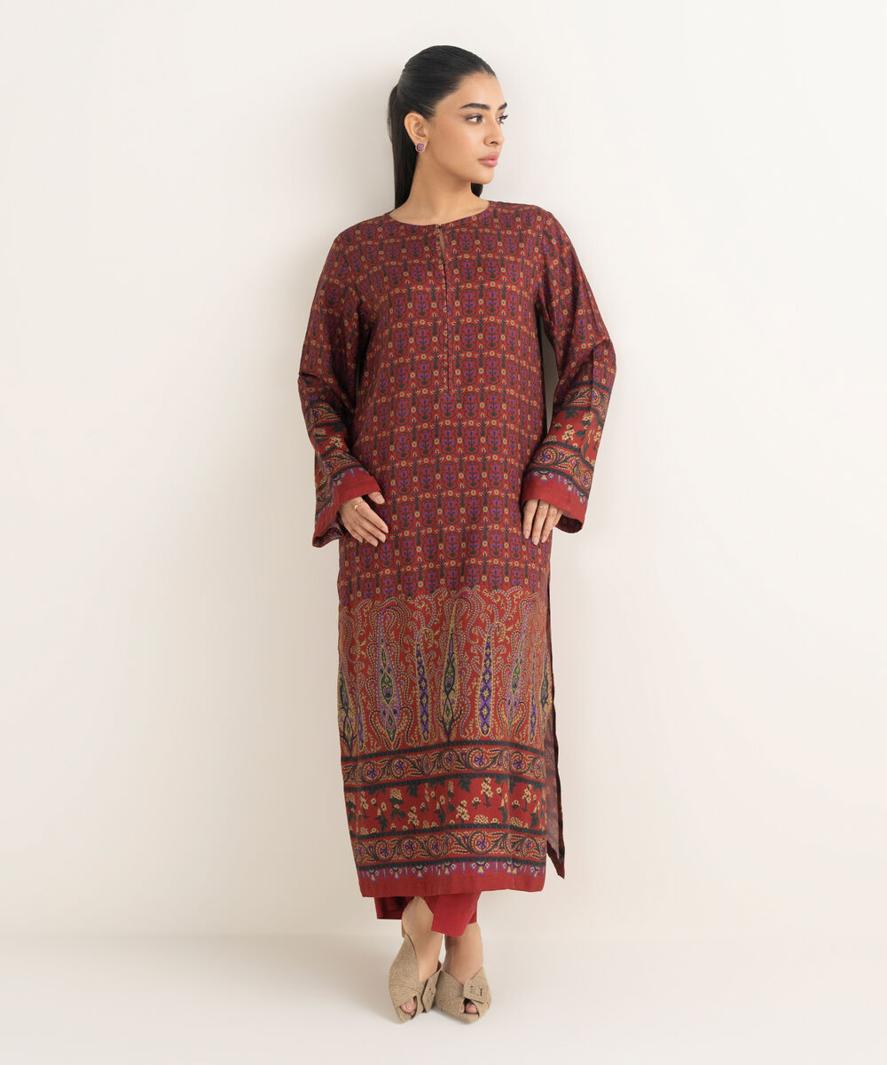 Women's RTW Linen Printed Maroon A-Line Shirt
