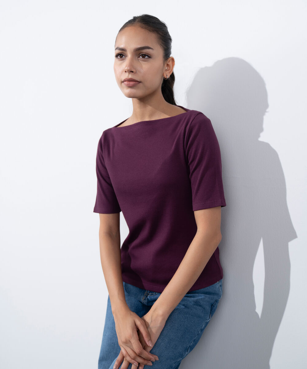 Women's Western Wear Purple Slash Neck Rib Top