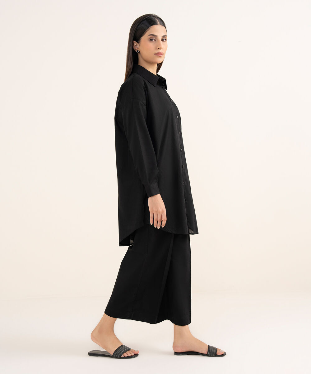 Women's RTW Textured Lawn Black Solid Button Down Shirt