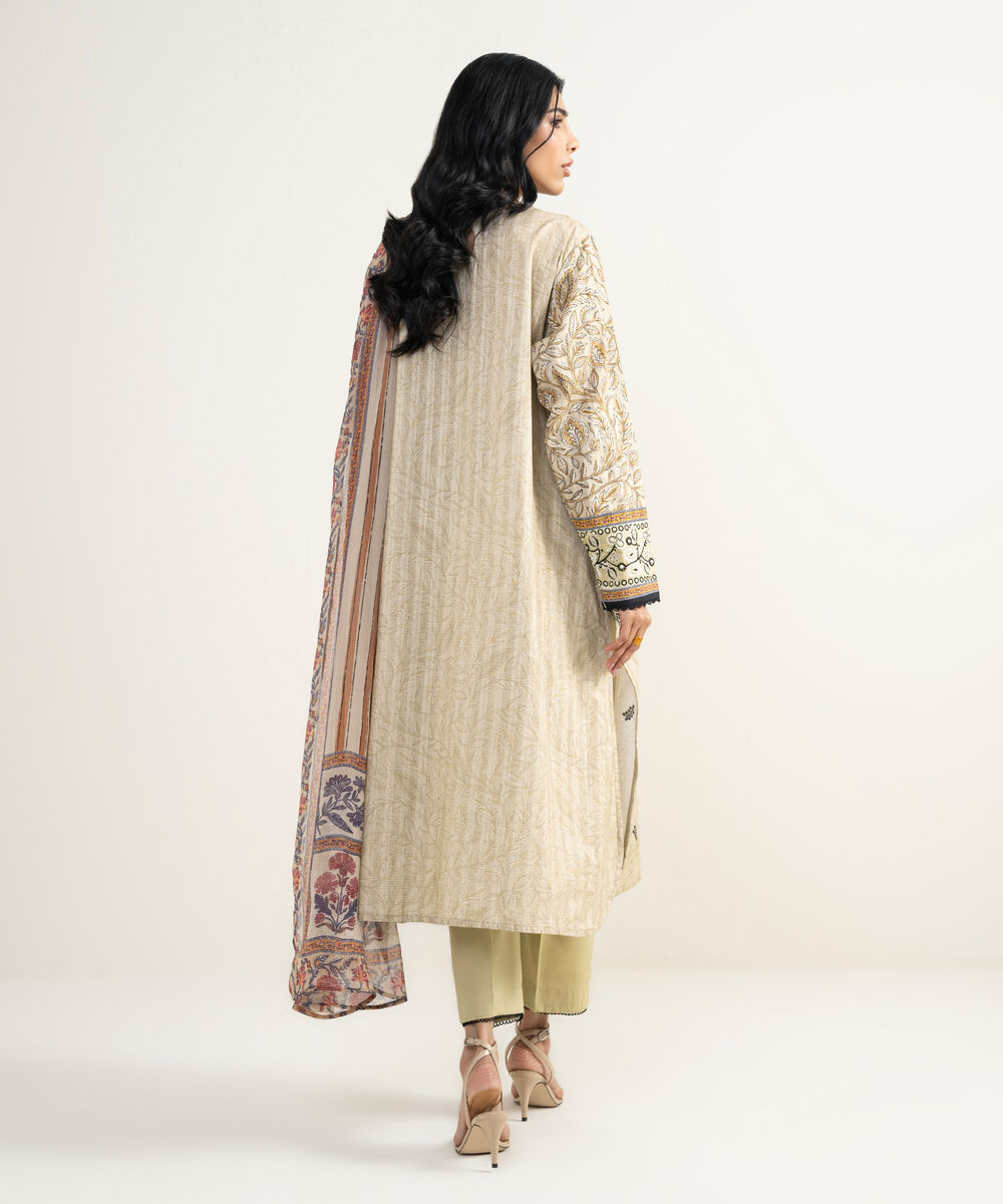 Women's RTW Dobby Embroidered Beige 3 Piece Suit