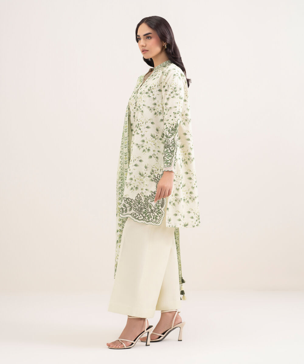 Women's Unstitched Zari Lawn Embroidered Off White 3 Piece Suit