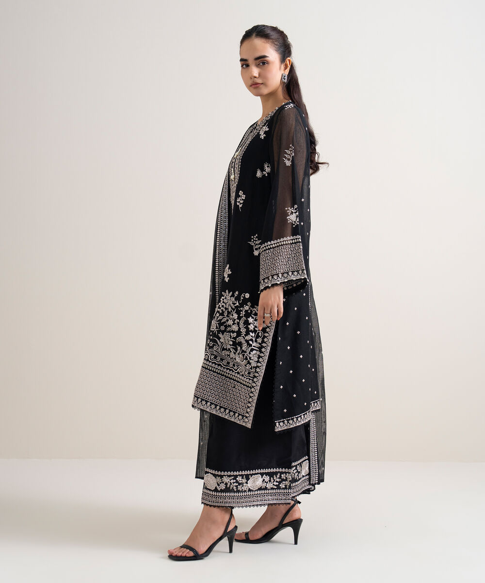 Women's Unstitched Khaddi Net Embroidered Black