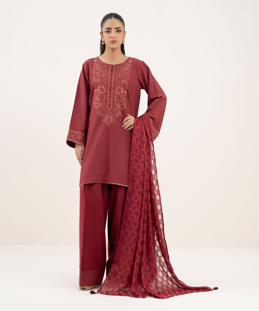 Solid Brochea Jacquard Red Dupatta