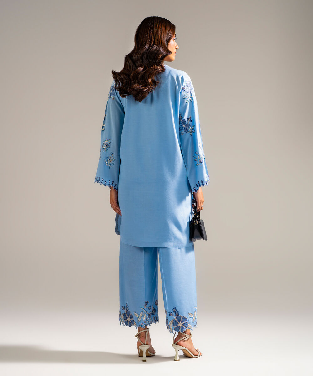 Women's RTW Raw Silk Embroidered Blue 2 Piece Suit