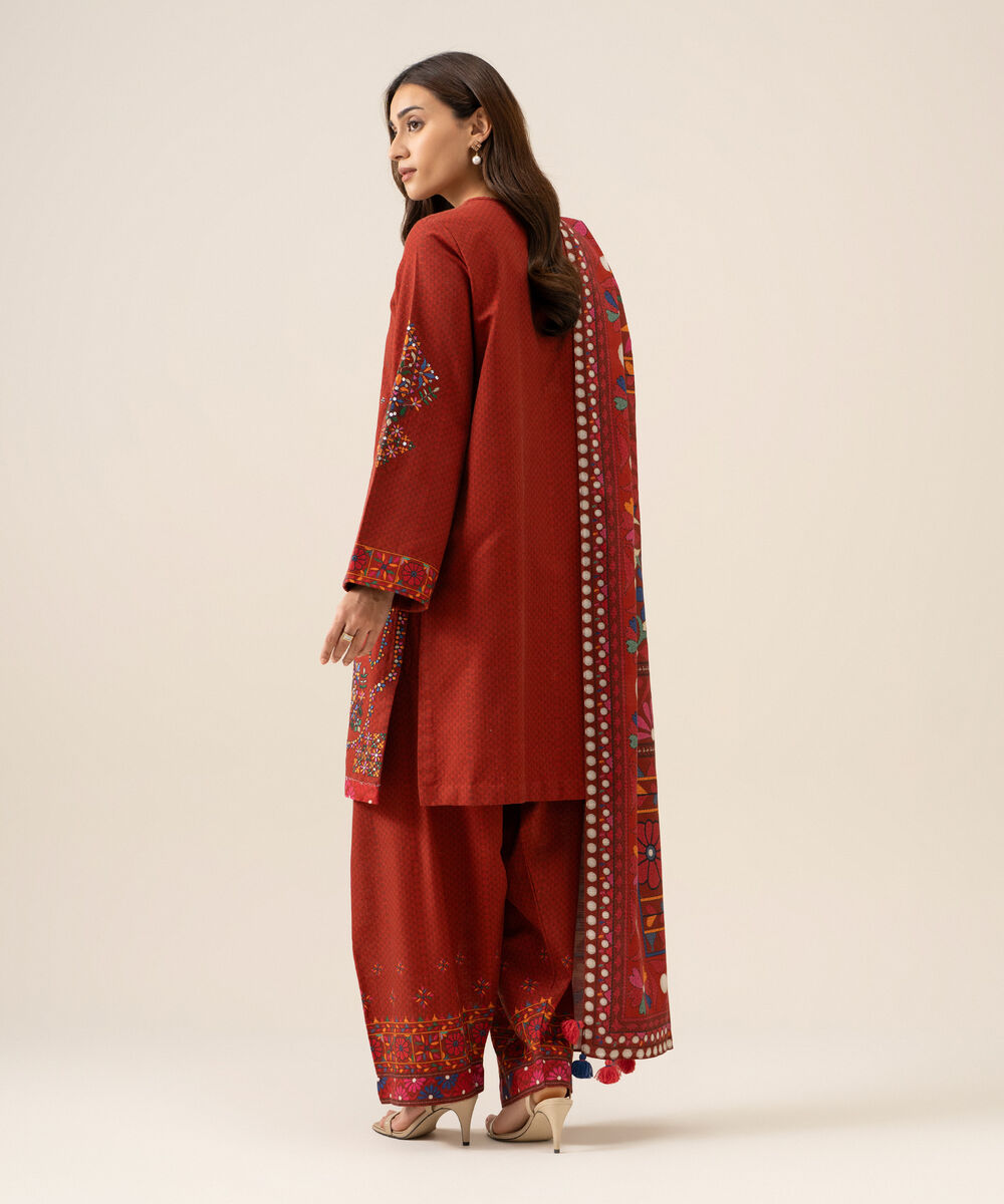 Women's Unstitched Light Khaddar Embroidered Red 3 Piece Suit