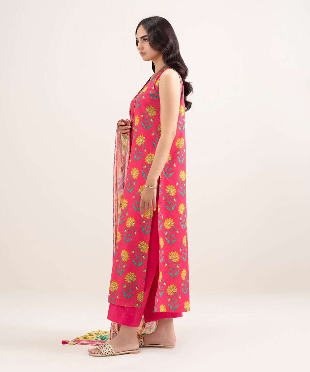 Women's Unstitched Lawn Printed Pink 3 Piece Suit