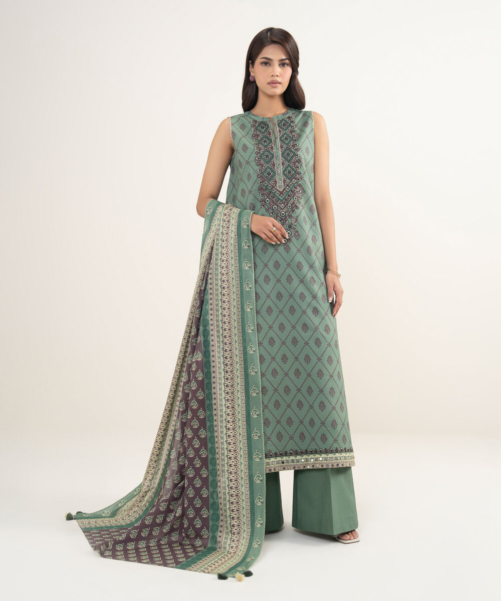 Women's Unstitched Lawn Embroidered Green 3 Piece Suit