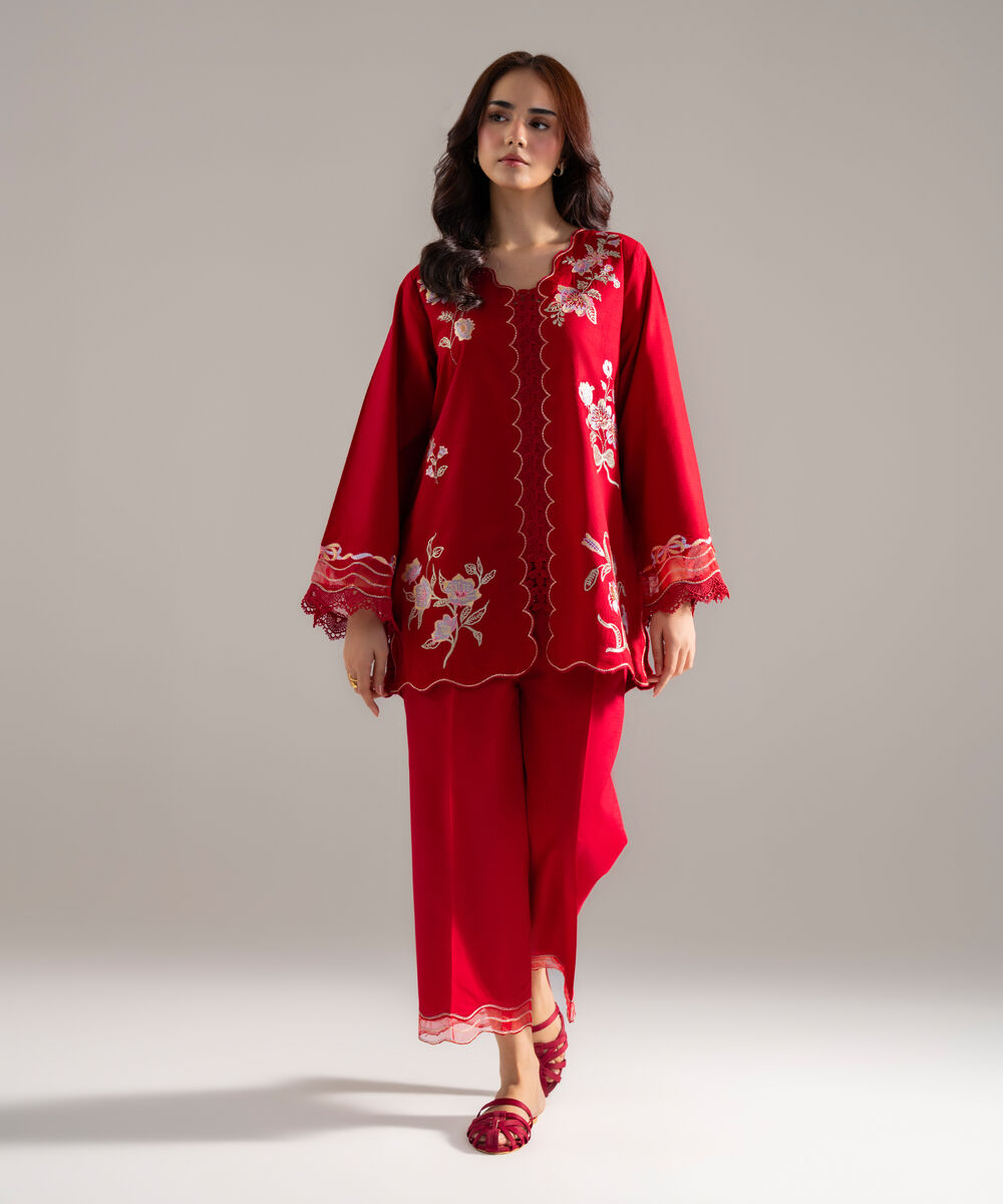 Women's RTW Dobby Solid Embroidered Red Straight Shirt