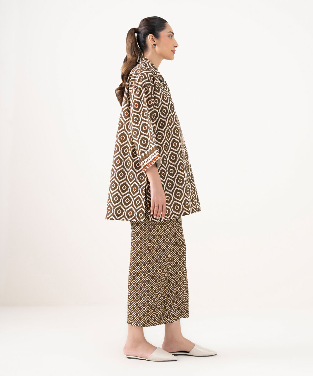 Women's RTW Light Khaddar Printed Brown Straight Shirt