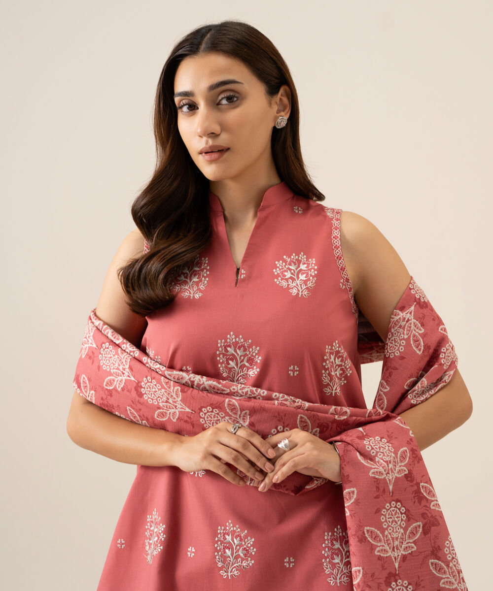 Women's Unstitched Lawn Embroidered Peach 3 Piece Suit