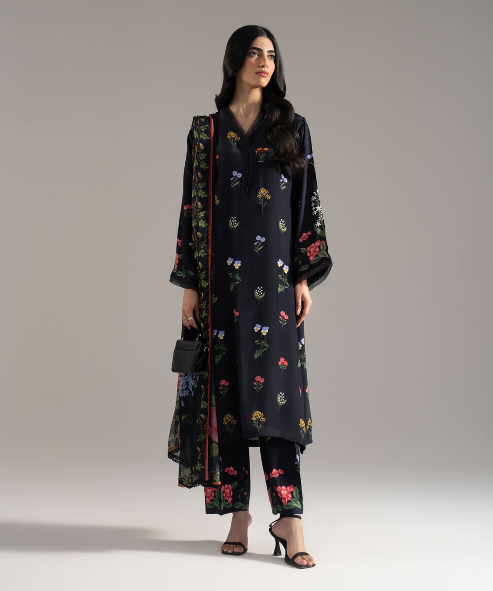Women's RTW BEmbroiderederg Grip Printed Black 3 Piece Suit