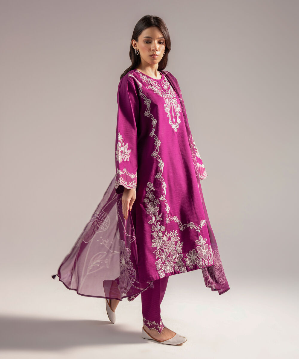 Women's RTW Dobby Embroidered Purple 3 Piece Suit