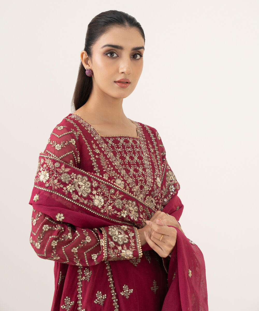 Women's RTW Blended Karandi Embroidered Red 3 Piece Suit