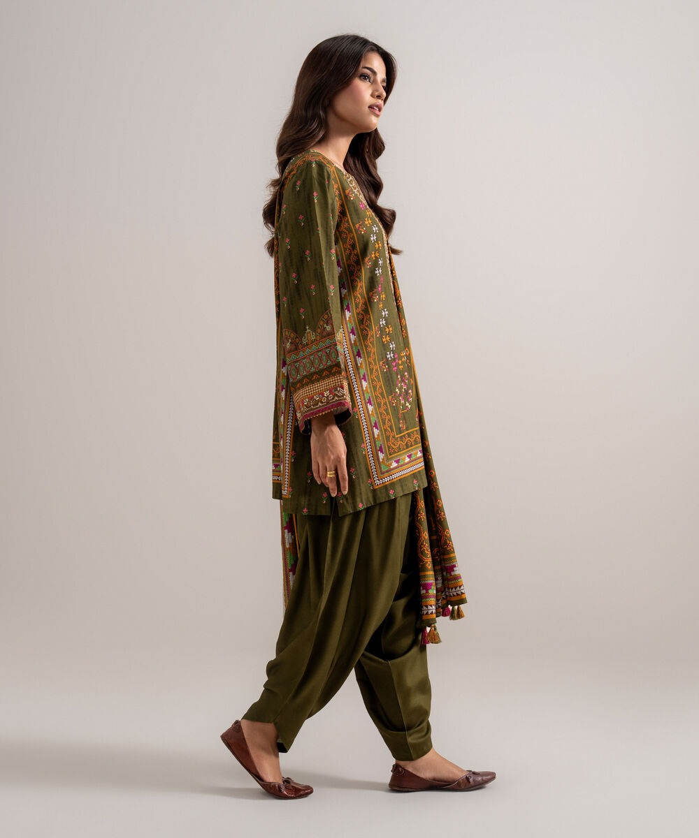 Women's Unstitched Printed Linen Brown 3 Piece Suit