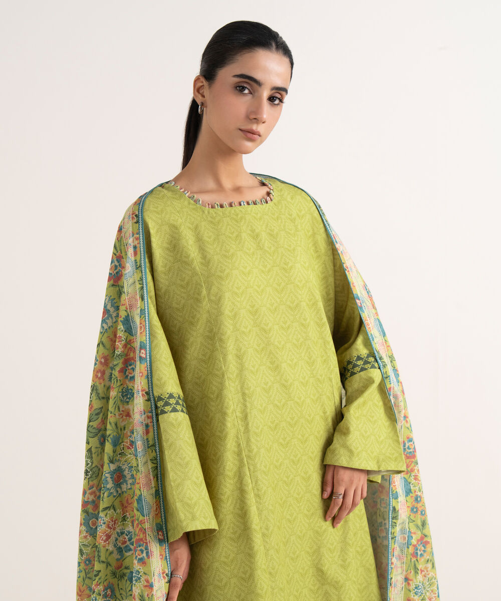 Women's Unstitched Lawn Printed Green Three Piece Suit