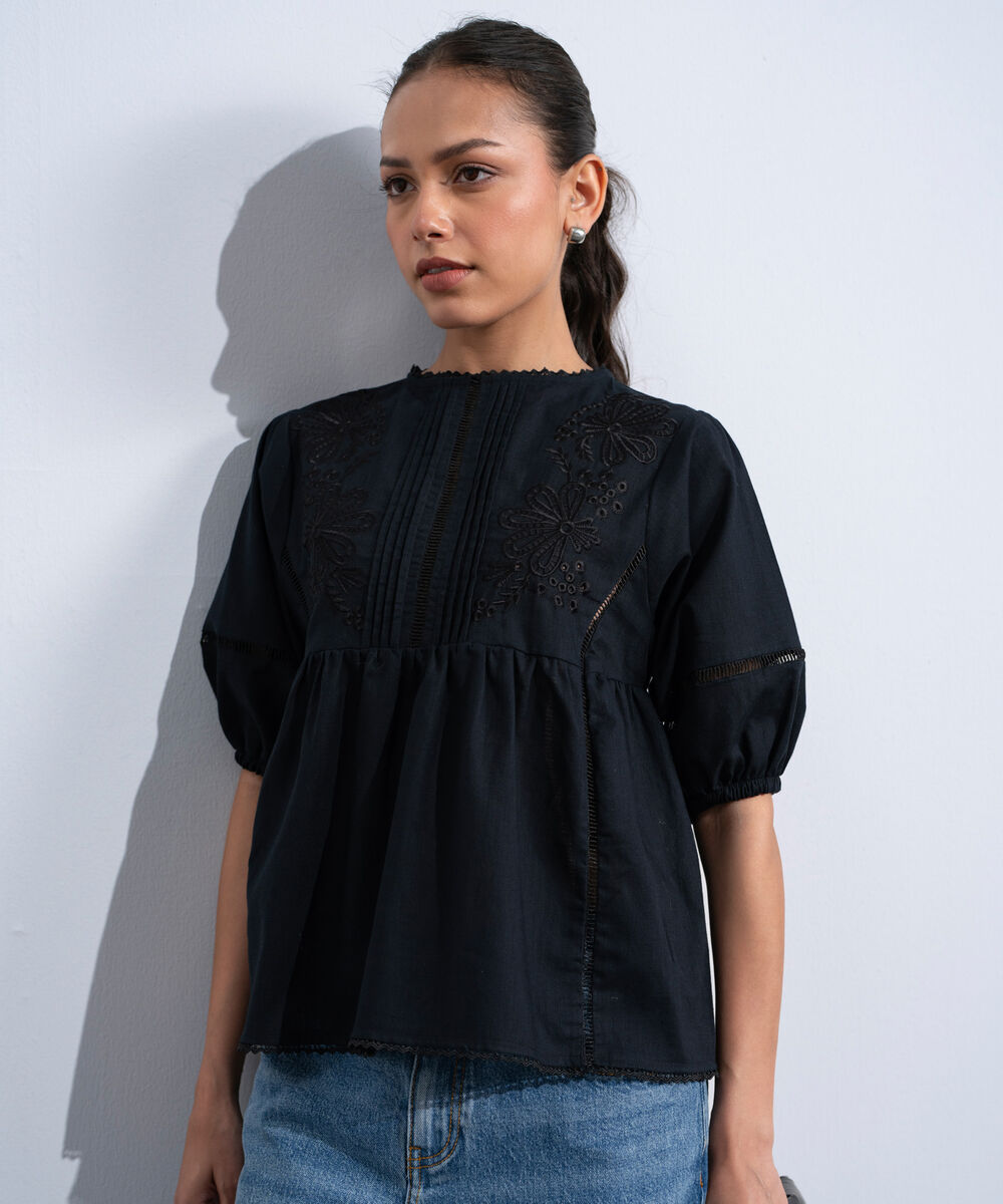 Women's Western Black Embroidered Top With Puffed Sleeve