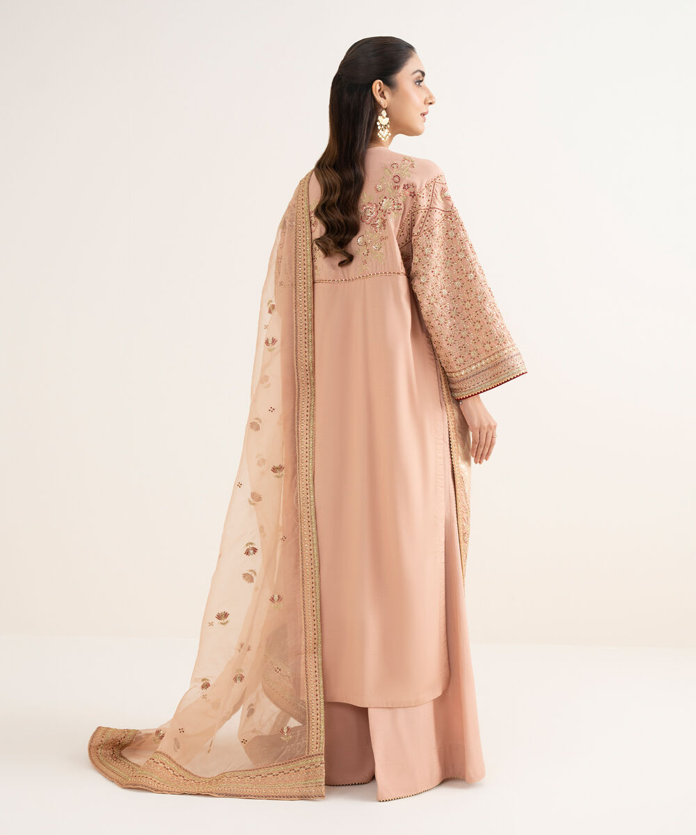 Women's RTW Textured Viscose Embroidered Dusty Peach 3 Piece Suit