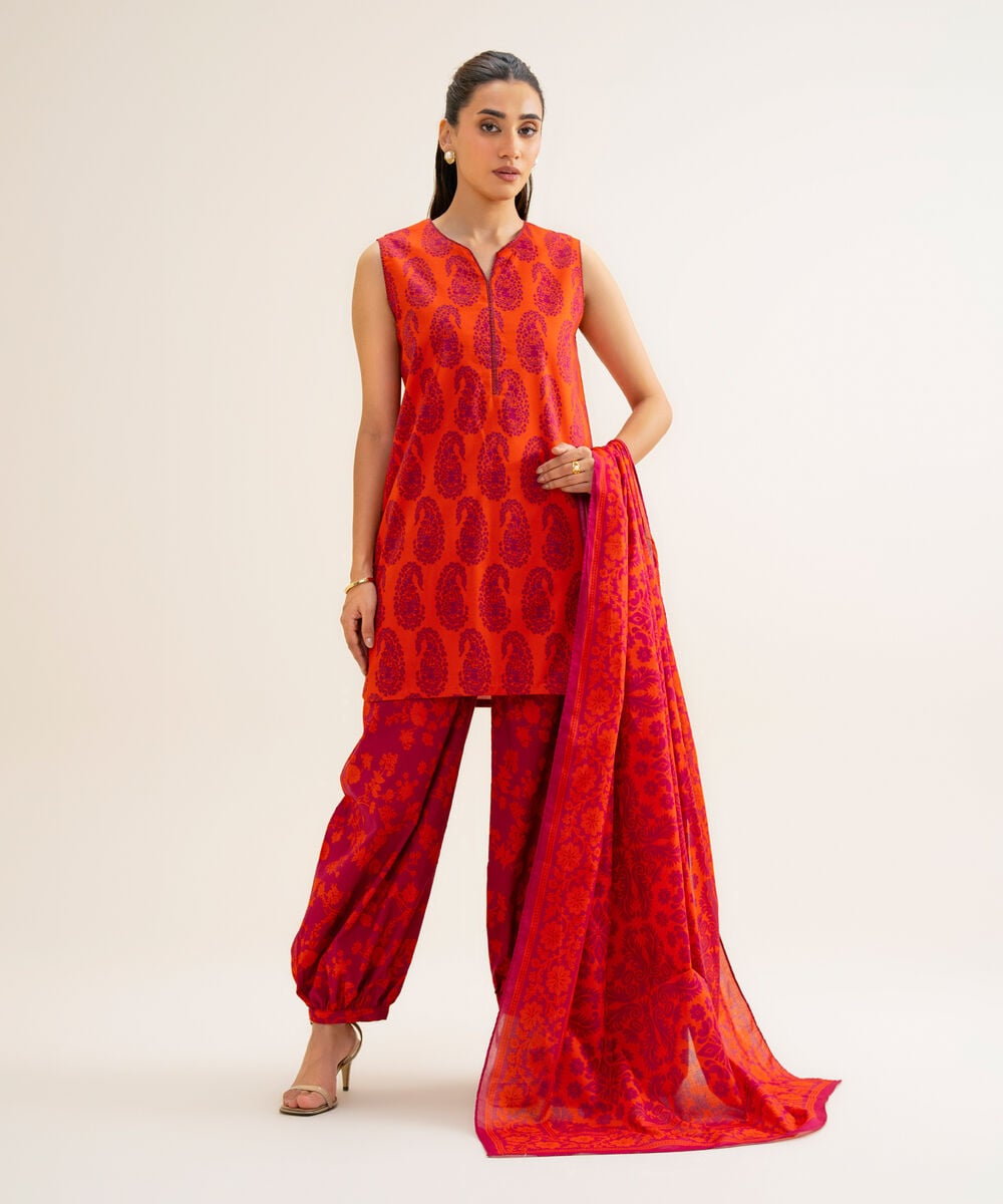 Women's Unstitched Cotton Viscose Printed Orange 3 Piece Suit