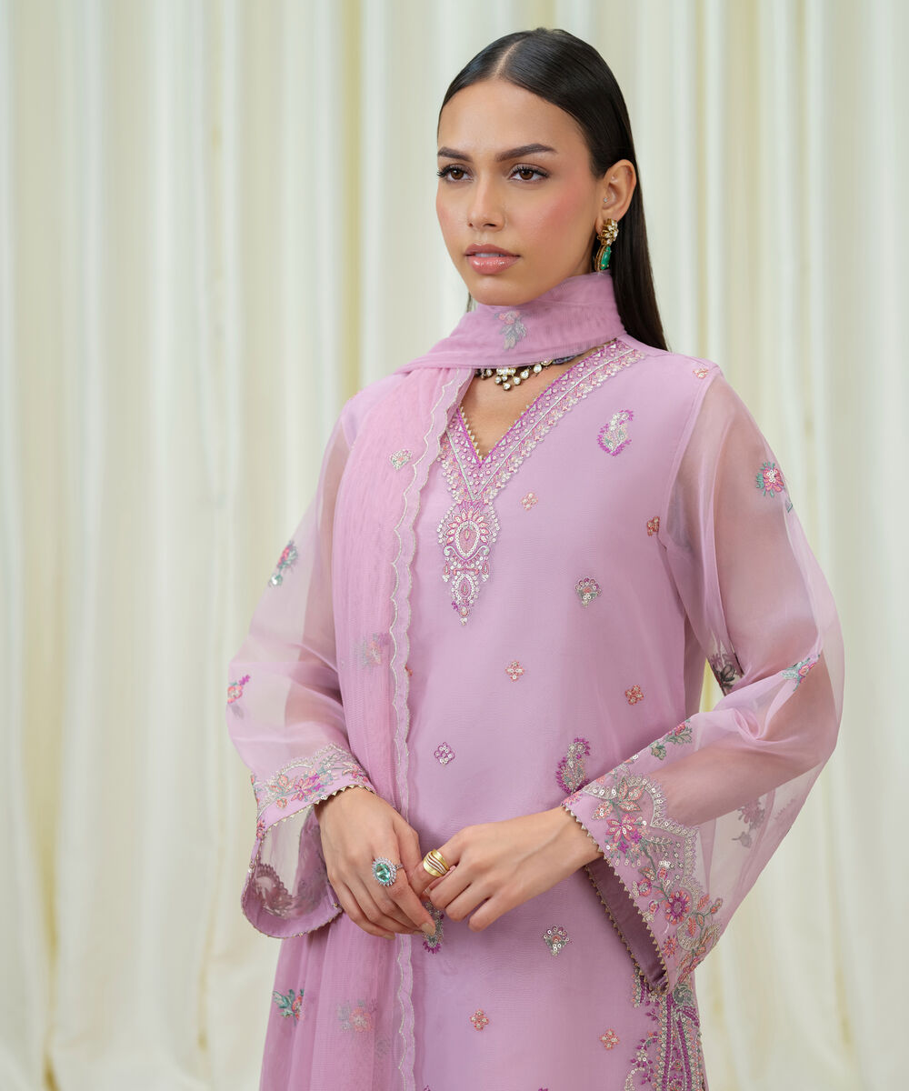 Women's Unstitched Blended Organza Embroidered Purple 3 Piece Suit