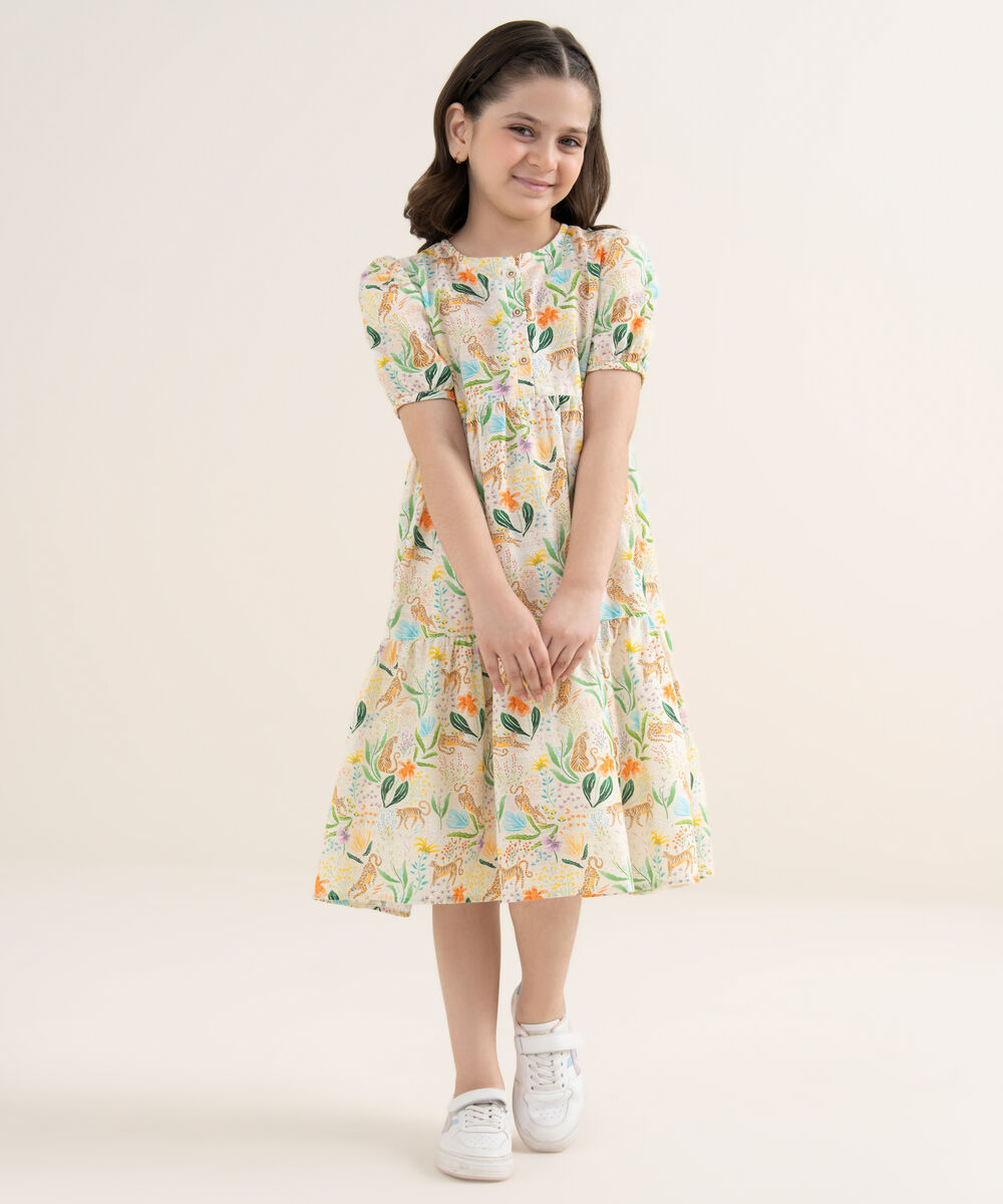 Girl's Khaddar Printed Off White Tier Dress