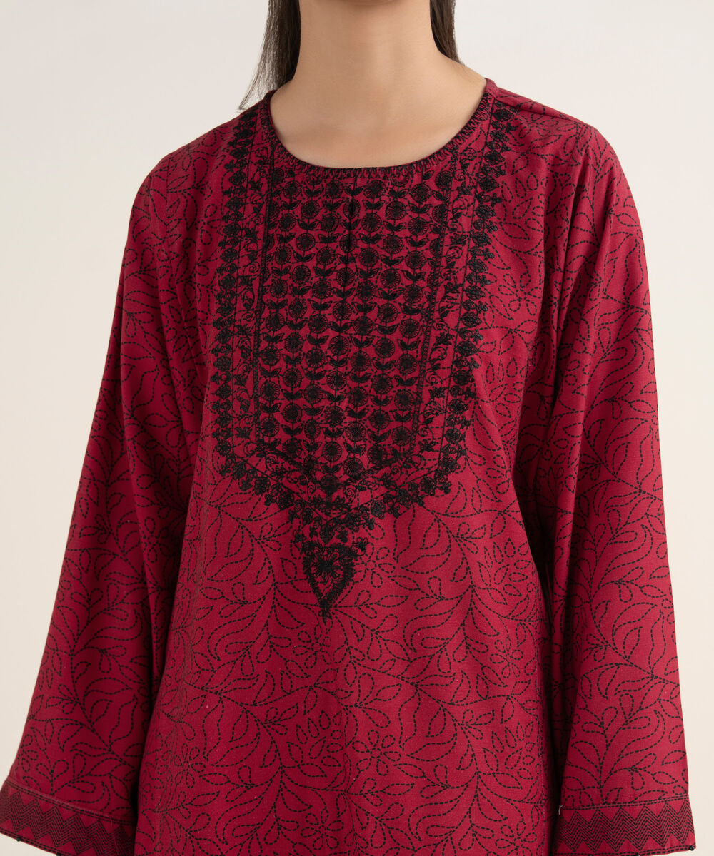 Women's RTW Herringbone Embroidered Red A-Line Shirt