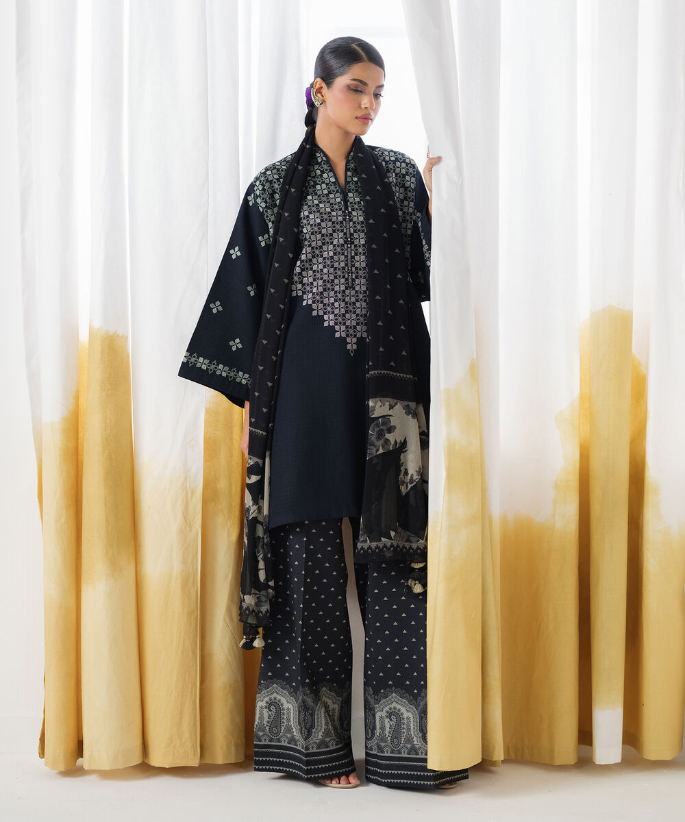 Women's Unstitched Dobby Embroidered Black 3 Piece Suit