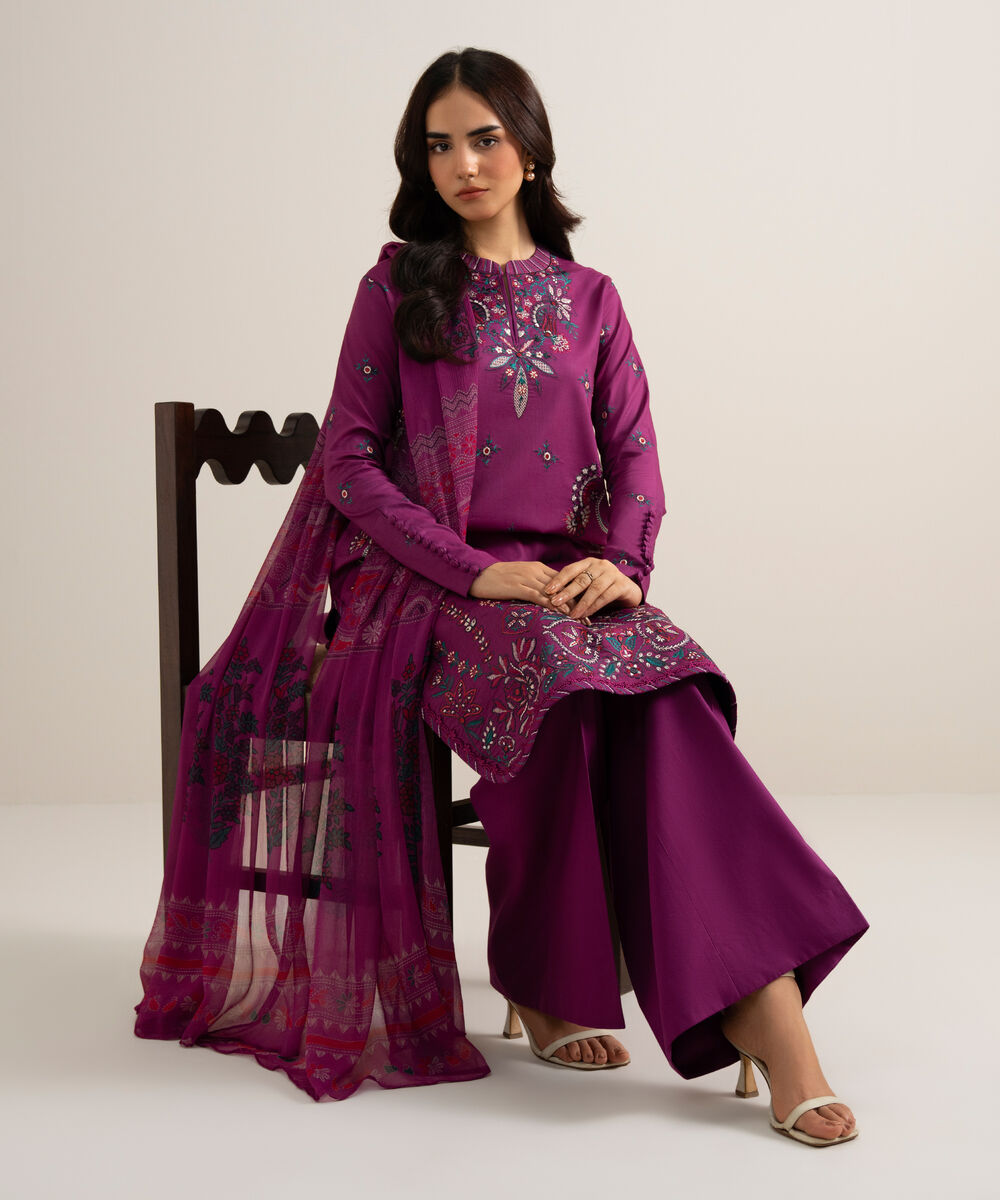 Women's Unstitched Embroidered Cotton Viscose Purple 3 Piece Suit