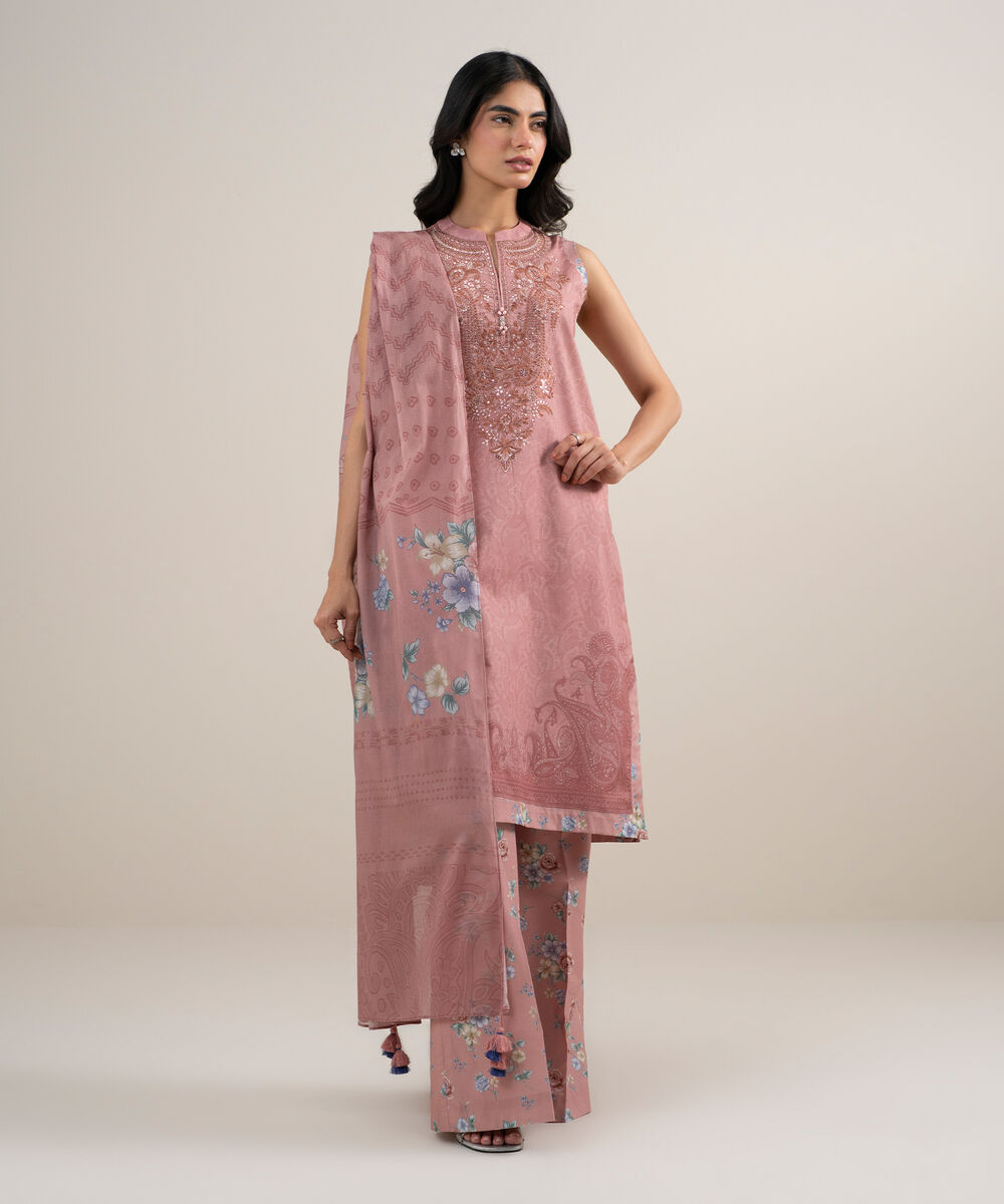 Women's Unstitched Lawn Embroidered Pink 3 Piece Suit