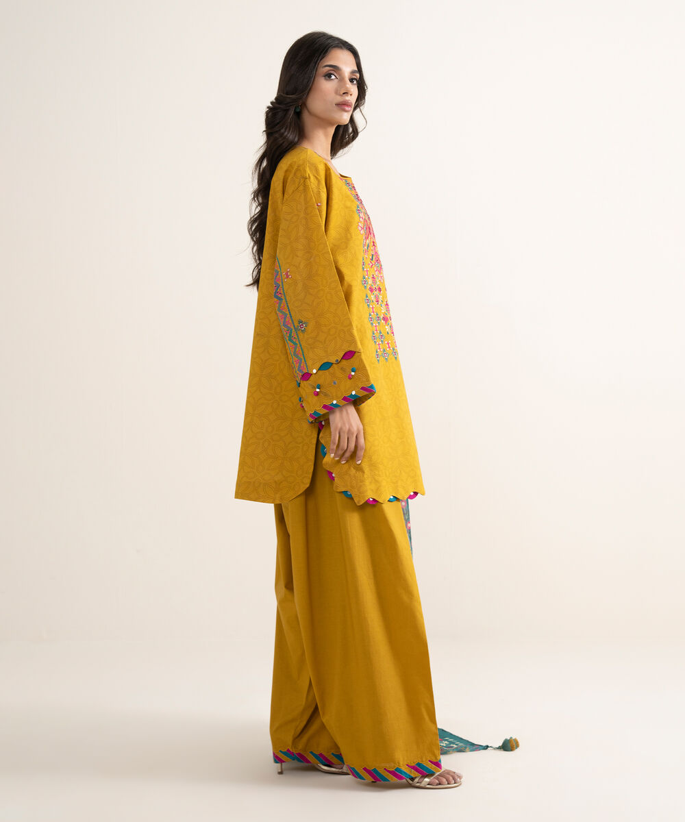 Women's Unstitched Lawn Embroidered Yellow 3 Piece Suit
