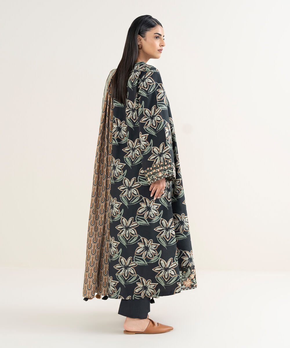 Women's Unstitched Printed Khaddar Black 3 Piece Suit