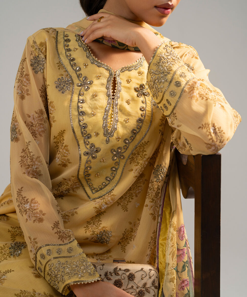 Women's RTW Chiffon Embroidered Yellow 3 Piece Suit