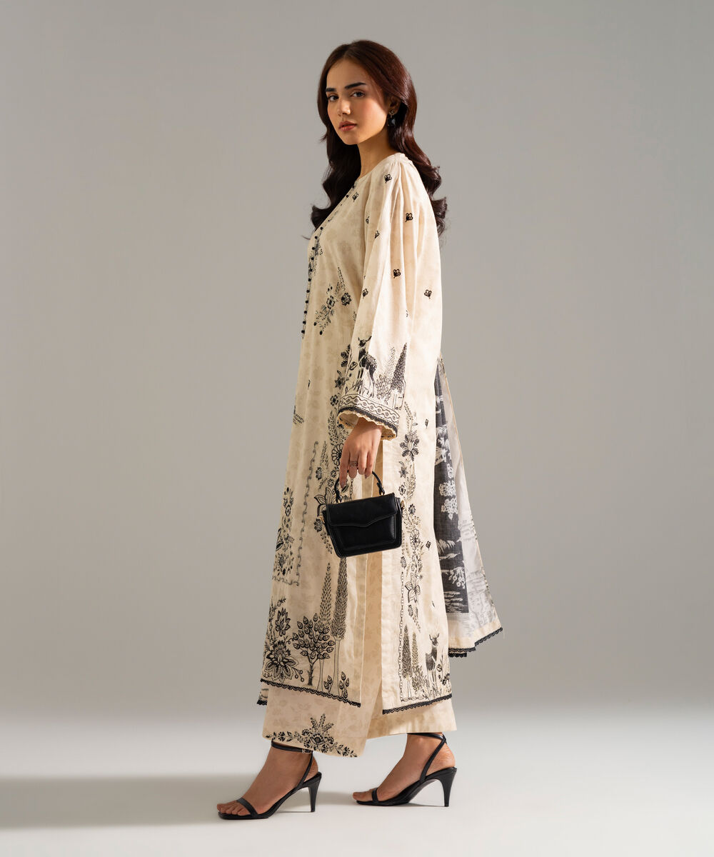 Women's RTW Lawn Embroidered Off White 3 Piece Suit