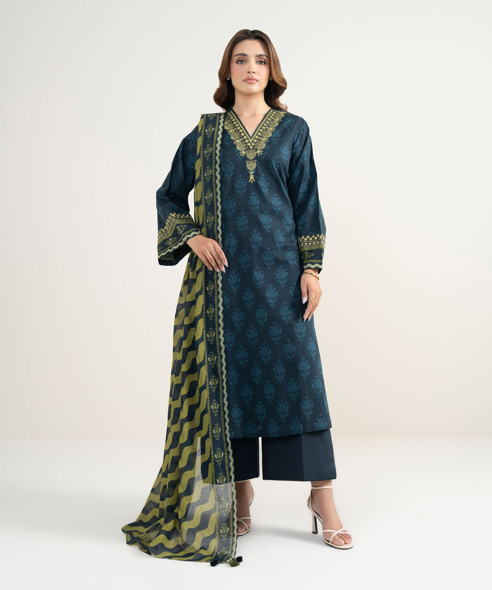 Women's Unstitched Lawn Embroidered Blue 3 Piece Suit