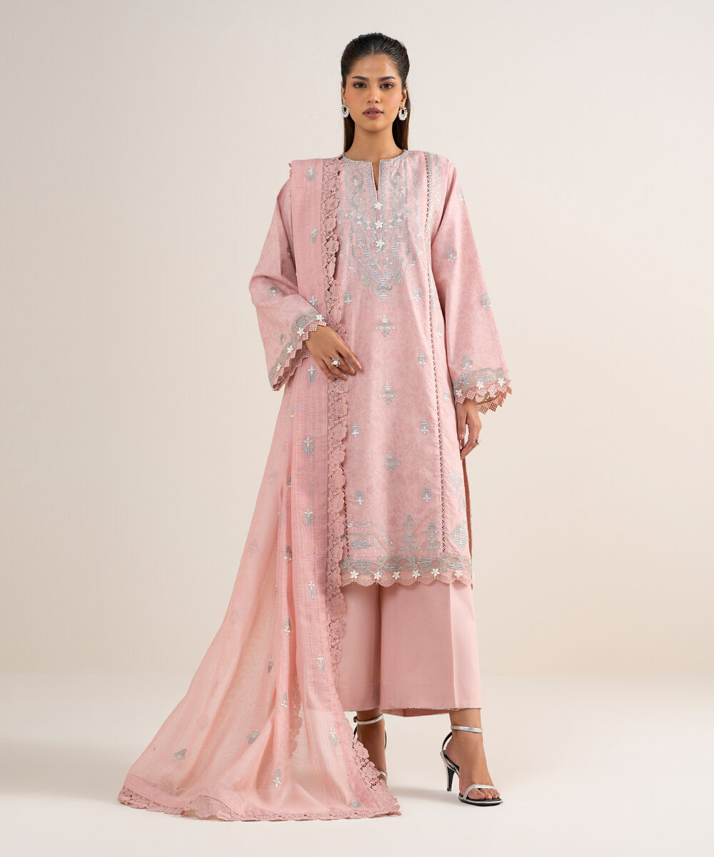 Women's Unstitched Cotton Jacquard Embroidered Pink
