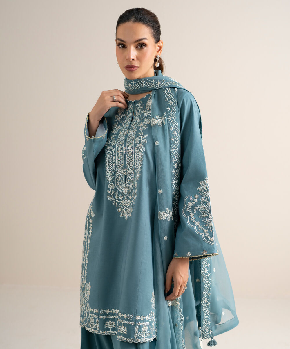 Women's Unstitched Slub Lawn Embroidered Blue  3 Piece Suit