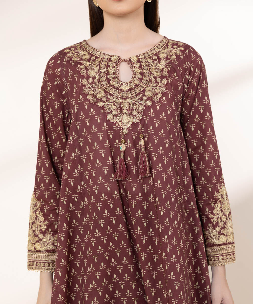 Women's RTW Lawn Red Embroidered A-Line Shirt