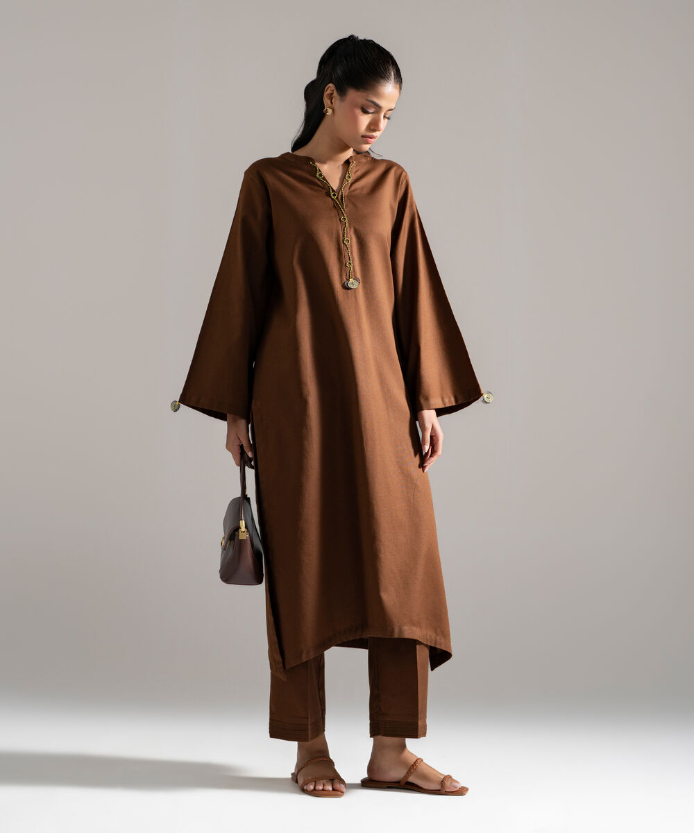 Women's RTW Cotton Linen Solid Brown 2 Piece Suit