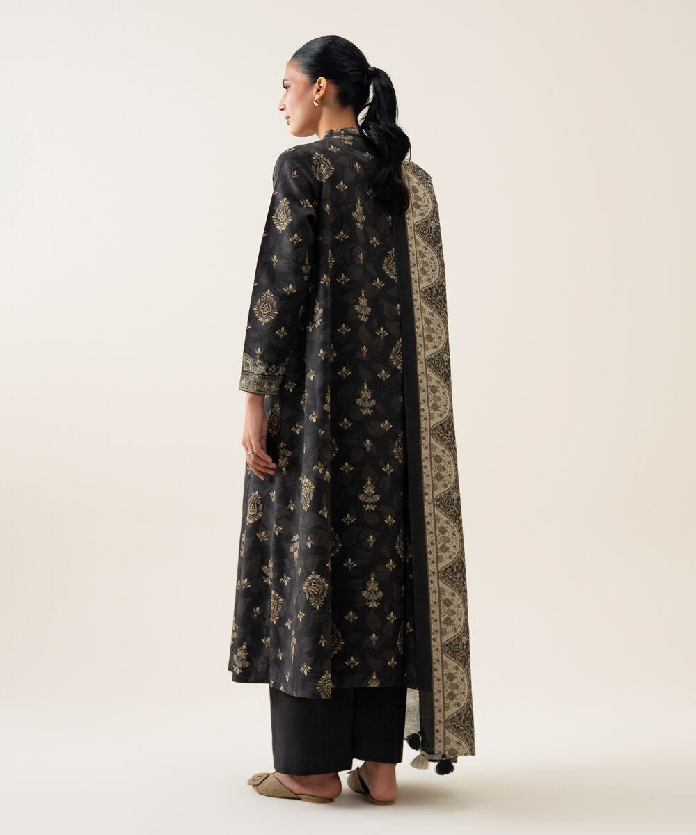 Womens Unstitched Light Khaddar Printed Dark Grey 3 Piece Suit