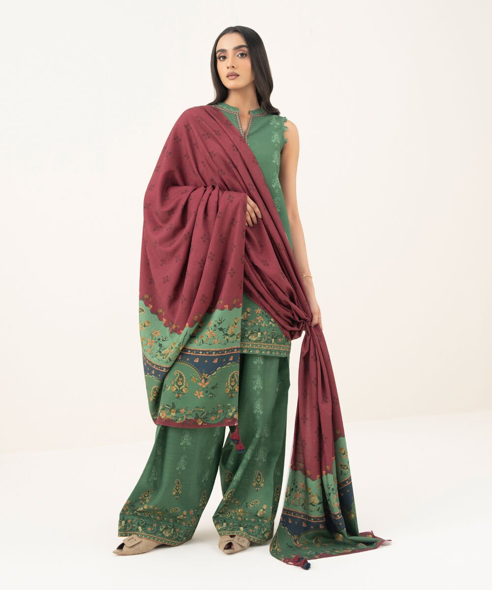 Women's Unstitched Printed Khaddar Green 3 Piece Suit