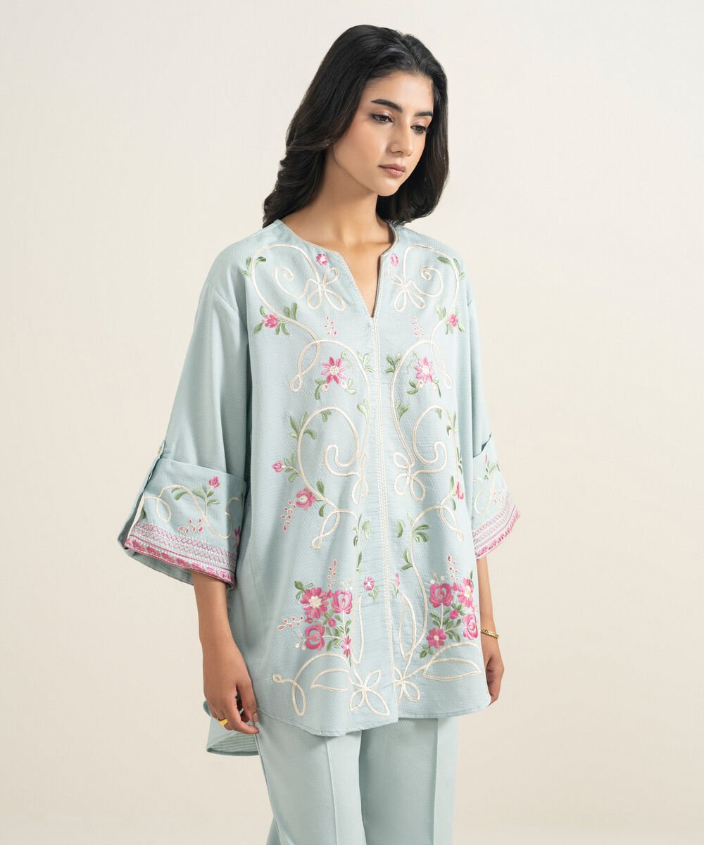 Women's RTW Dobby Embroidered Blue Straight Shirt