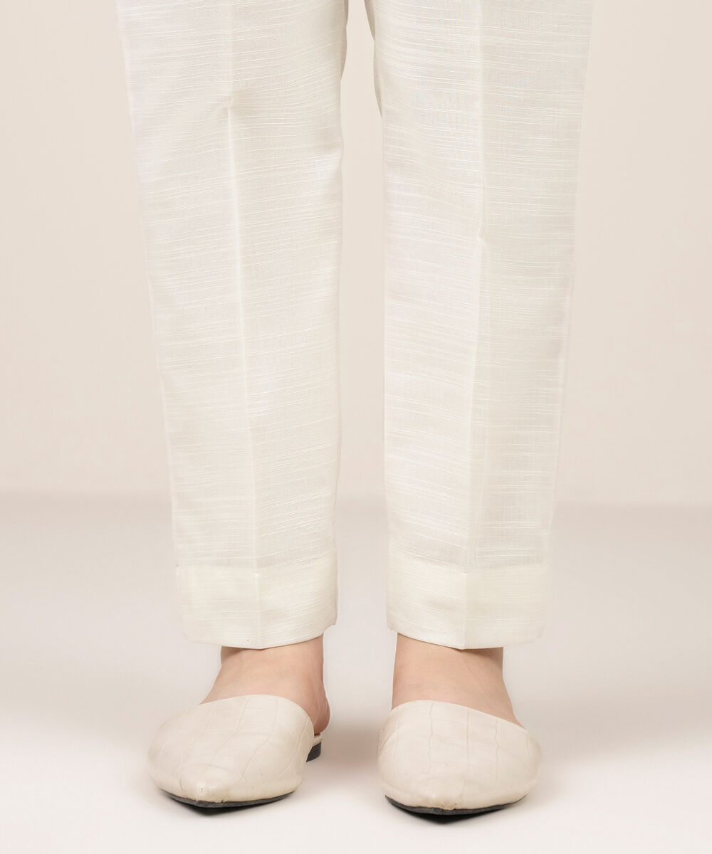 Women's RTW Khaddar Solid Off White Straight Pants