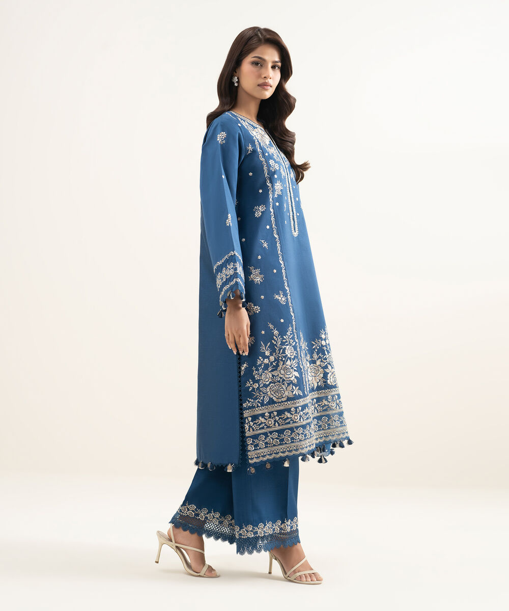 Women's Unstitched Cotton Net Embroidered Blue 3 Piece Suit