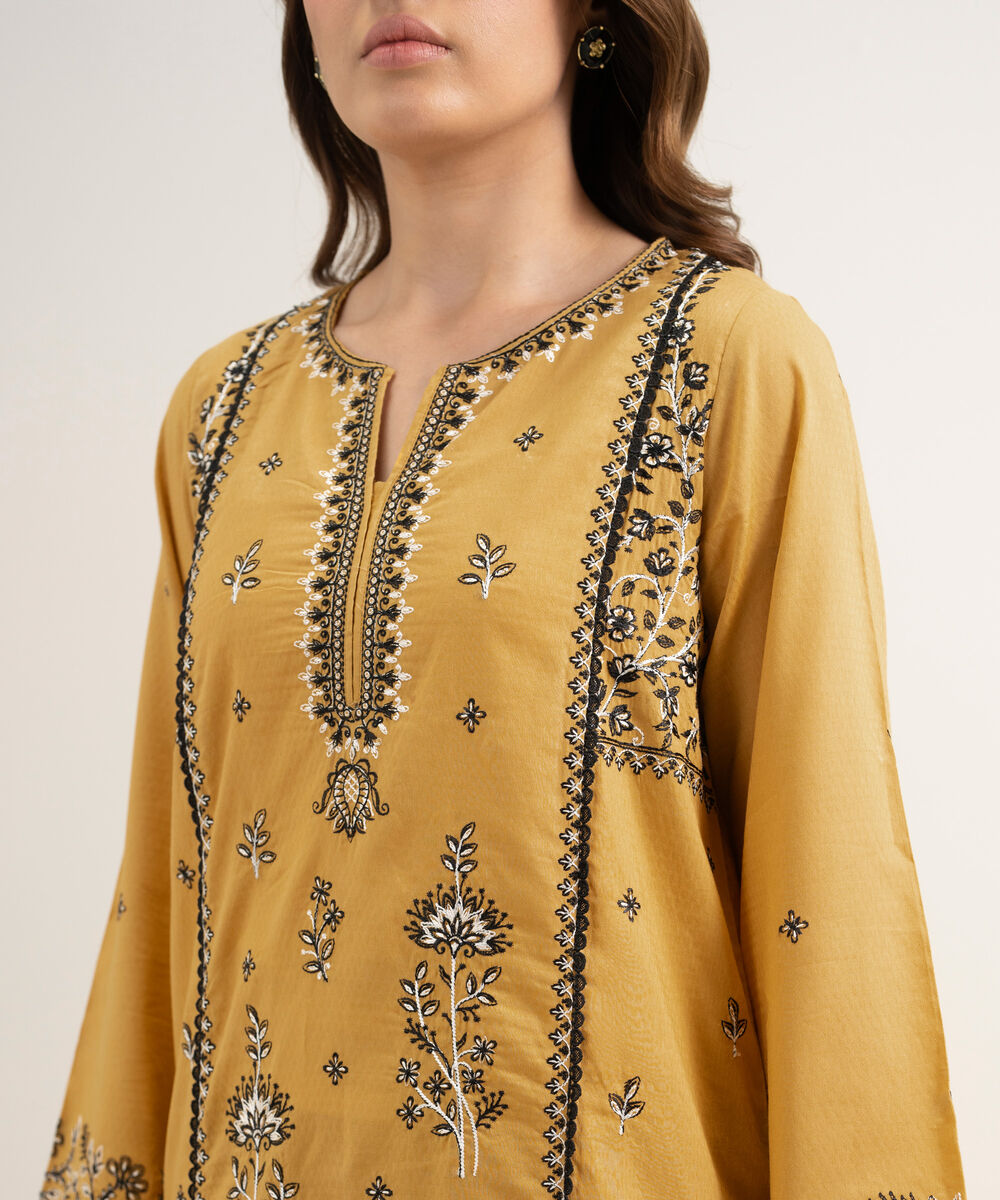 Women's RTW Dobby Embroidered Yellow A-Line Shirt