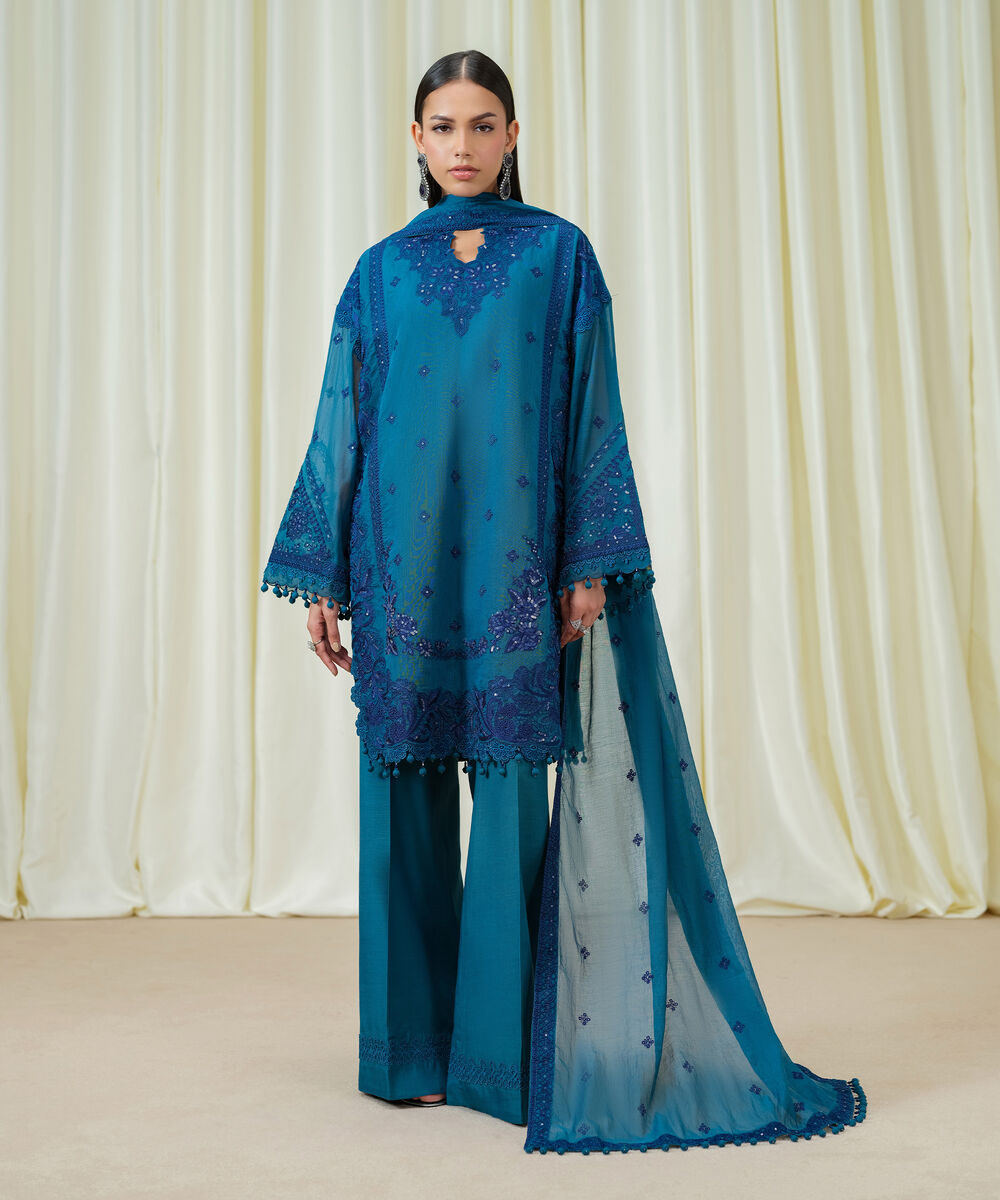 Women's Unstitched Blended Muslin Embroidered Blue 3 Piece Suit