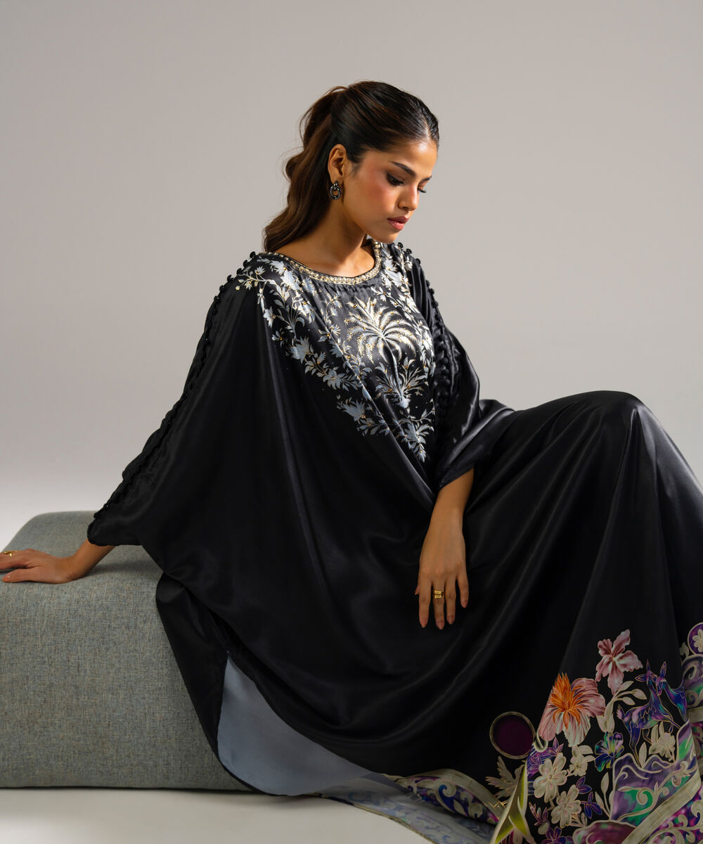 Women's RTW Blended Satin Printed Black Kaftan