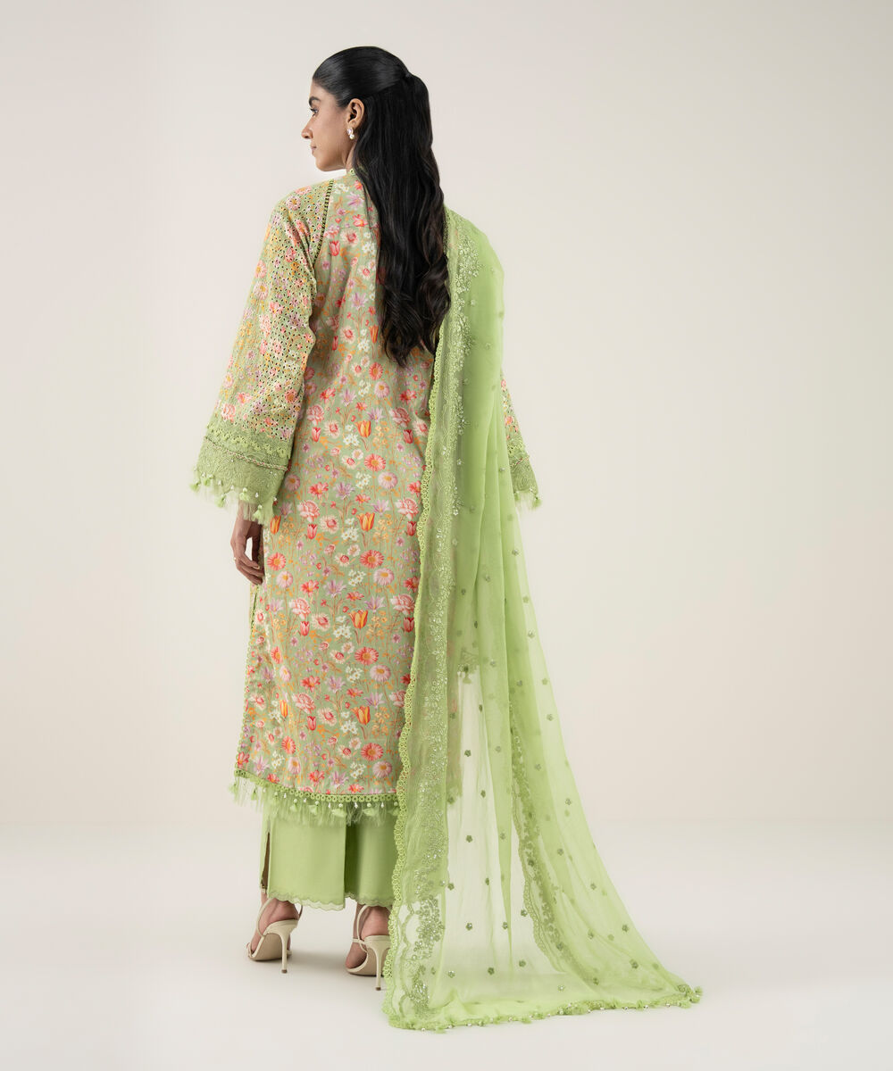Women's Unstitched Cotton Embroidered Green 3 Piece Suit