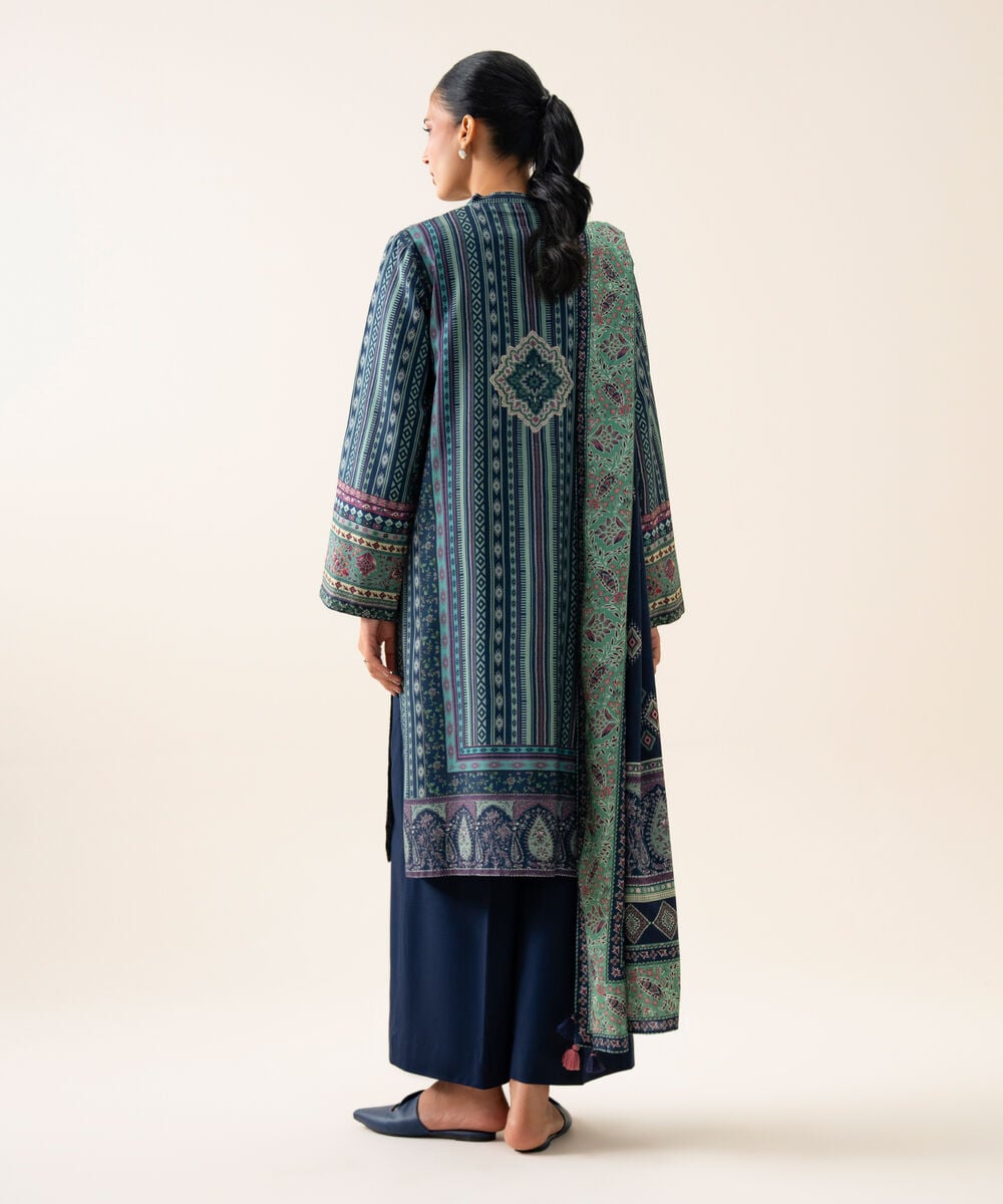 Women's Unstitched Viscose Linen Printed Dark Blue 3 Piece Suit