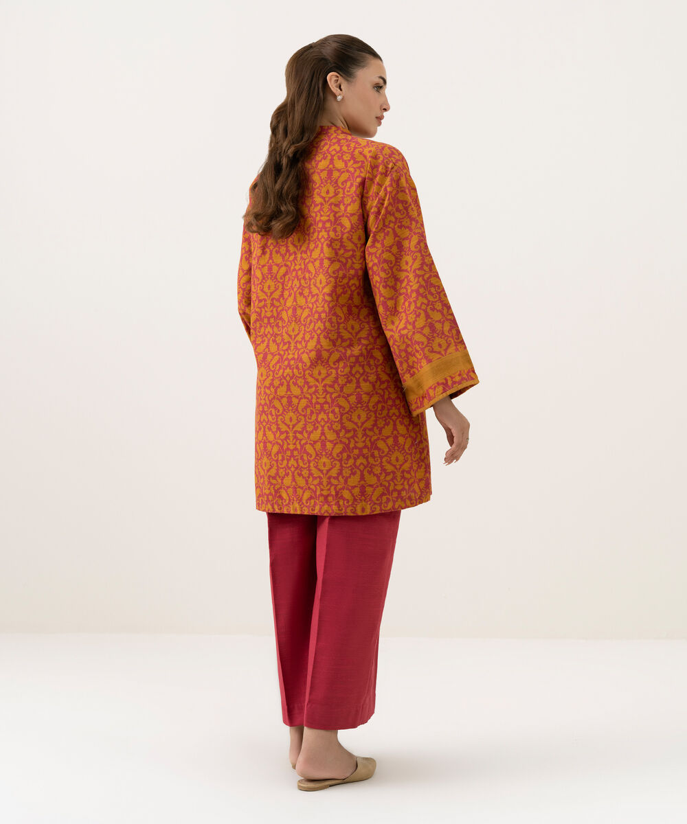 Women's Unstitched Khaddar Printed Orange 2 Piece Suit